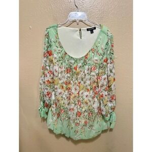 Roz & Ali Floral Chiffon Blouse Top Women's 1X Green Orange Tie Cuff Long Sleeve